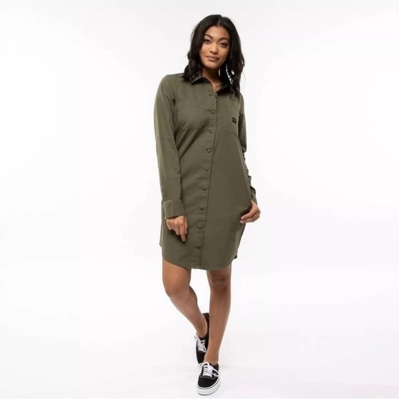 VANS Women’s Olive Green/Army Green Full Button Down Broadway Dress SZ M New!!! - Picture 1 of 12